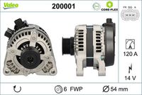 VALEO 200001 - Corriente de carga alternador [A]: 120<br>Tensión [V]: 12<br>Número de canales: 6<br>Cantidad de agujeros de fijación: 4<br>Poleas: con polea de rueda libre<br>Pinza: B+ M8<br>poleas - Ø [mm]: 54<br>Calidad: OE EQUIVALENT<br>Referencia artículo par: 455167<br>