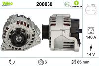 VALEO 200030 - Restricción de fabricante: BOSCH<br>Tensión [V]: 14<br>Corriente de carga alternador [A]: 120<br>Tipo de sujeción: Fijación de tres puntos<br>Posición/Grado: L  60<br>Sentido de giro: Sentido de giro a la derecha (horario)<br>Poleas: con polea<br>Poleas: con polea para correa poli V<br>Número de nervaduras: 6<br>poleas - Ø [mm]: 66<br>Pinza: B+<br>Peso [kg]: 6,69<br>