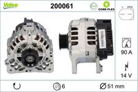 VALEO 200061 - Clase de caja de cambios: Caja de cambios manual, 5 marchas<br>Tensión [V]: 14<br>Corriente de carga alternador [A]: 90<br>Tipo de sujeción: Fijación de cuatro puntos<br>Posición/Grado: R  90<br>Sentido de giro: Sentido de giro a la derecha (horario)<br>Poleas: con polea<br>Poleas: con polea para correa poli V<br>Número de nervaduras: 6<br>poleas - Ø [mm]: 57<br>Pinza: B+<br>Peso [kg]: 5,484<br>