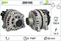 VALEO 200195 - Corriente de carga alternador [A]: 180<br>Tensión [V]: 12<br>Número de canales: 6<br>Cantidad de agujeros de fijación: 4<br>Versión: ARMAN<br>Poleas: con polea de rueda libre<br>Pinza: B+ M8<br>poleas - Ø [mm]: 54<br>Calidad: OE EQUIVALENT<br>Referencia artículo par: 455055<br>