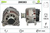 VALEO 200280 - Restricción de fabricante: BOSCH<br>Tensión [V]: 14<br>Corriente de carga alternador [A]: 110<br>Tipo de sujeción: Fijación de cuatro puntos<br>Posición/Grado: R  90<br>Sentido de giro: Sentido de giro a la derecha (horario)<br>Poleas: con polea<br>Poleas: con polea de rueda libre<br>Número de nervaduras: 6<br>poleas - Ø [mm]: 57<br>Pinza: B+<br>Peso [kg]: 6,2<br>