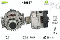 VALEO 439867 - Corriente de carga alternador [A]: 180<br>Tensión [V]: 12<br>Número de canales: 6<br>Cantidad de agujeros de fijación: 4<br>Versión: ARMAN<br>Poleas: con polea de rueda libre<br>Pinza: B+ M8<br>poleas - Ø [mm]: 64<br>Calidad: OE EQUIVALENT<br>Referencia artículo par: 455129<br>