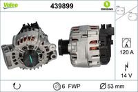 VALEO 439899 - Corriente de carga alternador [A]: 120<br>Tensión [V]: 12<br>Número de canales: 6<br>Cantidad de agujeros de fijación: 3<br>Versión: ARMAN<br>Poleas: con polea de rueda libre<br>Pinza: B+ M8<br>poleas - Ø [mm]: 44<br>Calidad: OE EQUIVALENT<br>