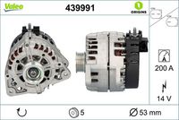 VALEO 439991 - año construcción desde: 10/2016<br>Código de motor: 654.920<br>Clase de caja de cambios: Transm. automática 9 marchas<br>Equipamiento de vehículo: para vehículos con calefacción asientos<br>Equipamiento de vehículo: para vehículos con calefacción al volante<br>Tensión [V]: 14<br>Corriente de carga alternador [A]: 200<br>Tipo de sujeción: Fijación de cuatro puntos<br>Posición/Grado: L  45<br>Sentido de giro: Sentido de giro a la derecha (horario)<br>Poleas: con polea<br>Poleas: con polea para correa poli V<br>Número de nervaduras: 5<br>poleas - Ø [mm]: 53<br>Pinza: B+<br>Peso [kg]: 7,43<br>