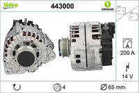 VALEO 443000 - año construcción desde: 06/2017<br>año construcción hasta: 08/2020<br>Código de motor: 177.980<br>Clase de caja de cambios: Transm. automática 9 marchas<br>Tensión [V]: 14<br>Corriente de carga alternador [A]: 200<br>Tipo de sujeción: Fijación de cuatro puntos<br>Posición/Grado: L  55<br>Sentido de giro: Sentido de giro a la derecha (horario)<br>Poleas: con polea<br>Poleas: con polea para correa poli V<br>Número de nervaduras: 4<br>poleas - Ø [mm]: 65<br>Conexión / terminal/borne: sin conexión para cuentarrevoluciones<br>Pinza: M8<br>Peso [kg]: 7,774<br>