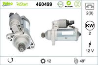 VALEO 460499 - Código de motor: CKRA<br>Restricción de fabricante: BOSCH<br>Restricción de fabricante: VALEO<br>Equipamiento de vehículo: para vehículos sin sistema Start&Stop<br>Tensión [V]: 12<br>Potencia nominal [kW]: 2<br>Número de dientes: 12<br>Número de orificios: 2<br>Sentido de giro: Sentido de giro a la izquierda (antihorario)<br>Posición/Grado: R  140<br>Pinza: NO<br>Diámetro de brida [mm]: 75<br>Peso [kg]: 3,61<br>