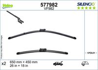 VALEO 577982 - Número de puertas: 3/5<br>Vehículo con dirección a la izquierda / derecha: para vehic. dirección izquierda<br>Lado de montaje: delante<br>Tipo de escobilla: Escobilla con hoja plana<br>Cantidad: 2<br>Longitud 1 [mm]: 650<br>Longitud 2 [mm]: 450<br>Longitud 1 [pulgadas]: 26<br>Longitud 2 [pulgadas]: 18<br>Styling: con spoiler<br>