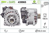 VALEO 439965 - Número de PR: 301<br>Tensión [V]: 12<br>Corriente de carga alternador [A]: 180<br>Número de nervaduras: 6<br>Poleas: con polea para correa poli V<br>Versión: .1<br>para fabricante volante: CITROËN<br>para fabricante volante: PEUGEOT<br>