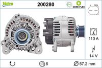 VALEO 200280 - Código de motor: BMN<br>Código de motor: CEGA<br>Restricción de fabricante: VALEO<br>Tensión [V]: 14<br>Corriente de carga alternador [A]: 110<br>Tipo de sujeción: Fijación de cuatro puntos<br>Posición/Grado: R  90<br>Sentido de giro: Sentido de giro a la derecha (horario)<br>Poleas: con polea<br>Poleas: con polea de rueda libre<br>Número de nervaduras: 6<br>poleas - Ø [mm]: 57<br>Pinza: B+<br>Peso [kg]: 6,2<br>