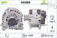 VALEO 443086 - año construcción desde: 11/2010<br>Clase de caja de cambios: Caja de cambios manual, 6 marchas<br>Equipamiento de vehículo: para vehículos con climatizador automático<br>Equipamiento de vehículo: para vehículos con sistema Start&Stop<br>Tensión [V]: 14<br>Corriente de carga alternador [A]: 140<br>Tipo de sujeción: Fijación de cuatro puntos<br>Posición/Grado: R  90<br>Sentido de giro: Sentido de giro a la derecha (horario)<br>Poleas: con polea<br>Poleas: con polea de rueda libre<br>Número de nervaduras: 6<br>poleas - Ø [mm]: 51<br>Conexión / terminal/borne: sin conexión para cuentarrevoluciones<br>Pinza: B+<br>Peso [kg]: 7,54<br>