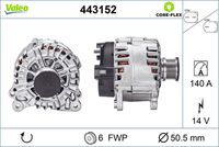 VALEO 443152 - Tensión [V]: 14<br>Corriente de carga alternador [A]: 180<br>Tipo de sujeción: Fijación de cuatro puntos<br>Sentido de giro: Sentido de giro a la derecha (horario)<br>Poleas: con polea<br>Poleas: con polea para correa poli V<br>Número de nervaduras: 6<br>poleas - Ø [mm]: 50<br>Pinza: B+<br>Peso [kg]: 8,035<br>