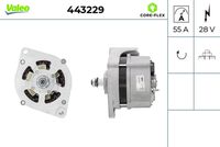 VALEO 443229 - año construcción desde: 06/1992<br>N.º de chasis (VIN) desde: 4289235 SNL<br>N.º de chasis (VIN) desde: 5545500 SSS<br>Tensión [V]: 28<br>Corriente de carga alternador [A]: 55<br>Tipo de sujeción: Brazo oscilante doble<br>Sentido de giro: Sentido de giro a la derecha (horario)<br>Poleas: sin polea<br>Poleas: con polea para correa poli V<br>Número de nervaduras: 2<br>poleas - Ø [mm]: 76<br>Pinza: B+ / B- / D+ / W<br>Peso [kg]: 6,59<br>