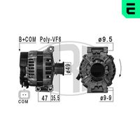 ERA 209031 - Modelo red de a bordo: para vehículos con red de a bordo 12V<br>Tensión [V]: 14<br>Corriente de carga alternador [A]: 120<br>Poleas: con polea de rueda libre<br>Número de nervaduras: 6<br>poleas - Ø [mm]: 49<br>Pinza: B+ M8<br>ID del modelo de conector: COM/BSS<br>