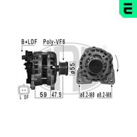 ERA 209035A - Tensión [V]: 14<br>Corriente de carga alternador [A]: 90<br>ID del modelo de conector: B+LDF<br>poleas - Ø [mm]: 55<br>Poleas: con polea de rueda libre<br>Sentido de giro: Sentido de giro a la derecha (horario)<br>Cantidad de agujeros de fijación: 2<br>Número de canales: 6<br>Distancia de polea a alternador [mm]: 47,5<br>