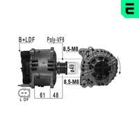 ERA 209104A - Tensión [V]: 14<br>Corriente de carga alternador [A]: 140<br>ID del modelo de conector: B+LDF<br>poleas - Ø [mm]: 49<br>Poleas: con polea de rueda libre<br>Sentido de giro: Sentido de giro a la derecha (horario)<br>Cantidad de agujeros de fijación: 2<br>Número de canales: 6<br>Distancia de polea a alternador [mm]: 48<br>