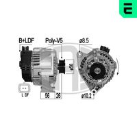 ERA 209160A - Tensión [V]: 14<br>Corriente de carga alternador [A]: 90<br>ID del modelo de conector: B+D+W<br>poleas - Ø [mm]: 56<br>Poleas: con polea para correa poli V<br>Sentido de giro: Sentido de giro a la derecha (horario)<br>Cantidad de agujeros de fijación: 2<br>Número de canales: 5<br>Distancia de polea a alternador [mm]: 26<br>