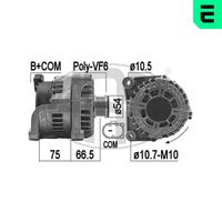 ERA 209176 - Modelo red de a bordo: para vehículos con red de a bordo 12V<br>Tensión [V]: 14<br>Corriente de carga alternador [A]: 180<br>Poleas: con polea de rueda libre<br>Número de nervaduras: 6<br>poleas - Ø [mm]: 53<br>Pinza: B+ M8<br>ID del modelo de conector: COM<br>