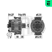 ERA 209194A - Modelo red de a bordo: para vehículos con red de a bordo 12V<br>Tensión [V]: 14<br>Corriente de carga alternador [A]: 180<br>Poleas: con polea de rueda libre<br>Número de nervaduras: 6<br>poleas - Ø [mm]: 56<br>Pinza: B+ M8<br>ID del modelo de conector: L-DFM<br>