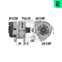 ERA 209203 - Modelo red de a bordo: para vehículos con red de a bordo 12V<br>Tensión [V]: 14<br>Corriente de carga alternador [A]: 180<br>Poleas: con polea para correa poli V<br>Número de nervaduras: 6<br>poleas - Ø [mm]: 50<br>Pinza: B+ M8<br>ID del modelo de conector: COM<br>