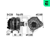 ERA 209252 - Modelo red de a bordo: para vehículos con red de a bordo 12V<br>Tensión [V]: 14<br>Corriente de carga alternador [A]: 140<br>Poleas: con polea de rueda libre<br>Número de nervaduras: 6<br>poleas - Ø [mm]: 49<br>Pinza: B+ M8<br>ID del modelo de conector: COM<br>