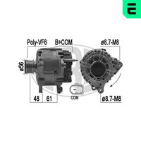 ERA 209271 - Tensión [V]: 14<br>Corriente de carga alternador [A]: 180<br>ID del modelo de conector: B+LIN<br>poleas - Ø [mm]: 56<br>Poleas: con polea de rueda libre<br>Sentido de giro: Sentido de giro a la derecha (horario)<br>Cantidad de agujeros de fijación: 2<br>Número de canales: 6<br>Juego alternativo de reparación: 209191<br>Distancia de polea a alternador [mm]: 48,5<br>