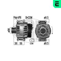 ERA 209286A - Modelo red de a bordo: para vehículos con red de a bordo 12V<br>Tensión [V]: 14<br>Corriente de carga alternador [A]: 140<br>Poleas: con polea de rueda libre<br>Número de nervaduras: 6<br>poleas - Ø [mm]: 56<br>Pinza: B+ M8<br>ID del modelo de conector: COM<br>