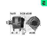 ERA 209287A - Tensión [V]: 14<br>Corriente de carga alternador [A]: 140<br>ID del modelo de conector: B+COM<br>poleas - Ø [mm]: 49<br>Poleas: con polea de rueda libre<br>Sentido de giro: Sentido de giro a la derecha (horario)<br>Cantidad de agujeros de fijación: 2<br>Número de canales: 6<br>Distancia de polea a alternador [mm]: 43<br>