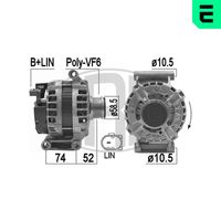 ERA 209397 - Modelo red de a bordo: para vehículos con red de a bordo 12V<br>Tensión [V]: 14<br>Corriente de carga alternador [A]: 150<br>Poleas: con polea de rueda libre<br>Número de nervaduras: 6<br>poleas - Ø [mm]: 59<br>Pinza: B+ M8<br>ID del modelo de conector: COM<br>