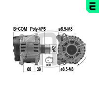 ERA 209492 - Modelo red de a bordo: para vehículos con red de a bordo 12V<br>Tensión [V]: 14<br>Corriente de carga alternador [A]: 140<br>Poleas: para polea de correa poli V<br>Número de nervaduras: 6<br>poleas - Ø [mm]: 56<br>Pinza: B+ M8<br>ID del modelo de conector: COM<br>