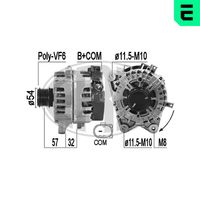 ERA 209584 - año construcción desde: 10/2019<br>Modelo red de a bordo: para vehículos con red de a bordo 12V<br>Tensión [V]: 14<br>Corriente de carga alternador [A]: 220<br>Poleas: con polea de rueda libre<br>Número de nervaduras: 6<br>poleas - Ø [mm]: 54<br>Pinza: B+ M8<br>ID del modelo de conector: COM<br>