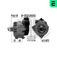 ERA 209616 - Tensión [V]: 14<br>Corriente de carga alternador [A]: 150<br>ID del modelo de conector: B+COM<br>poleas - Ø [mm]: 54<br>Poleas: con polea de rueda libre<br>Sentido de giro: Sentido de giro a la derecha (horario)<br>Cantidad de agujeros de fijación: 2<br>Número de canales: 6<br>Nº art. de accesorio recomendado: ZN5800<br>Distancia de polea a alternador [mm]: 52<br>