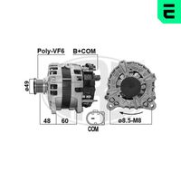 ERA 209629 - Tensión [V]: 14<br>Corriente de carga alternador [A]: 140<br>ID del modelo de conector: B+COM<br>poleas - Ø [mm]: 49<br>Poleas: con polea de rueda libre<br>Sentido de giro: Sentido de giro a la derecha (horario)<br>Cantidad de agujeros de fijación: 2<br>Número de canales: 6<br>Juego alternativo de reparación: 209287<br>Distancia de polea a alternador [mm]: 48<br>