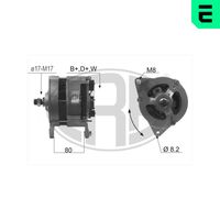 ERA 210002A - año construcción hasta: 09/1991<br>Modelo red de a bordo: para vehículos con red de a bordo 12V<br>Tensión [V]: 14<br>Corriente de carga alternador [A]: 55<br>Poleas: para polea de correatrapecial<br>Número de nervaduras: 1<br>poleas - Ø [mm]: 56<br>ID del modelo de conector: 2 B+ / D+<br>Conexión / terminal/borne: con conexión para cuentarrevoluciones<br>Restricción de fabricante: BOSCH<br>