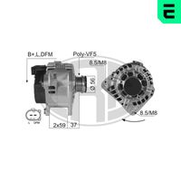 ERA 210007A - Tensión [V]: 14<br>Corriente de carga alternador [A]: 120<br>ID del modelo de conector: B+L,DFM<br>poleas - Ø [mm]: 56<br>Poleas: con polea de rueda libre<br>Sentido de giro: Sentido de giro a la derecha (horario)<br>Cantidad de agujeros de fijación: 2<br>Número de canales: 5<br>Distancia de polea a alternador [mm]: 37<br>