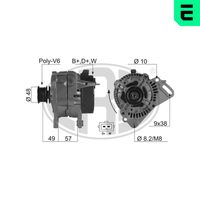 ERA 210030A - Tensión [V]: 14<br>Corriente de carga alternador [A]: 120<br>ID del modelo de conector: B+D+W<br>poleas - Ø [mm]: 50<br>Poleas: con polea para correa poli V<br>Sentido de giro: Sentido de giro a la derecha (horario)<br>Cantidad de agujeros de fijación: 2<br>Número de canales: 6<br>Distancia de polea a alternador [mm]: 50<br>