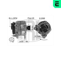 ERA 210045 - Tensión [V]: 14<br>Corriente de carga alternador [A]: 70<br>ID del modelo de conector: B+D+W<br>poleas - Ø [mm]: 48<br>Poleas: con polea para correa poli V<br>Sentido de giro: Sentido de giro a la derecha (horario)<br>Cantidad de agujeros de fijación: 3<br>Número de canales: 6<br>Distancia de polea a alternador [mm]: 49<br>