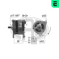 ERA 210060A - Modelo red de a bordo: para vehículos con red de a bordo 12V<br>Tensión [V]: 14<br>Corriente de carga alternador [A]: 90<br>Poleas: para polea doble<br>poleas - Ø [mm]: 54<br>Pinza: B+ M8<br>Pinza: D+ M5<br>Conexión / terminal/borne: con conexión para cuentarrevoluciones<br>