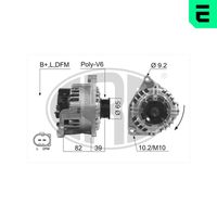 ERA 210076A - Tensión [V]: 14<br>Corriente de carga alternador [A]: 120<br>ID del modelo de conector: B+L,DFM<br>poleas - Ø [mm]: 65<br>Poleas: con polea para correa poli V<br>Sentido de giro: Sentido de giro a la derecha (horario)<br>Cantidad de agujeros de fijación: 2<br>Número de canales: 6<br>Distancia de polea a alternador [mm]: 39<br>