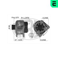 ERA 210134A - Tensión [V]: 14<br>Corriente de carga alternador [A]: 140<br>ID del modelo de conector: B+LDFM<br>poleas - Ø [mm]: 56<br>Poleas: con polea de rueda libre<br>Sentido de giro: Sentido de giro a la derecha (horario)<br>Cantidad de agujeros de fijación: 2<br>Número de canales: 5<br>Distancia de polea a alternador [mm]: 37<br>