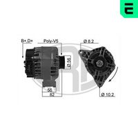 ERA 210143A - Tensión [V]: 14<br>Corriente de carga alternador [A]: 90<br>ID del modelo de conector: B+D+<br>poleas - Ø [mm]: 54<br>Poleas: con polea para correa poli V<br>Sentido de giro: Sentido de giro a la derecha (horario)<br>Cantidad de agujeros de fijación: 2<br>Número de canales: 6<br>Distancia de polea a alternador [mm]: 51,5<br>