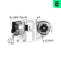 ERA 210200A - Tensión [V]: 14<br>Corriente de carga alternador [A]: 140<br>ID del modelo de conector: B+LDFM<br>poleas - Ø [mm]: 64<br>Poleas: con polea para correa poli V<br>Sentido de giro: Sentido de giro a la derecha (horario)<br>Cantidad de agujeros de fijación: 3<br>Número de canales: 6<br>Distancia de polea a alternador [mm]: 39<br>