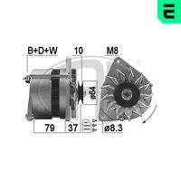 ERA 210204A - Tensión [V]: 14<br>Corriente de carga alternador [A]: 70<br>ID del modelo de conector: B+D+W<br>poleas - Ø [mm]: 63<br>Poleas: con polea<br>Sentido de giro: Sentido de giro a la derecha (horario)<br>Cantidad de agujeros de fijación: 2<br>Número de canales: 1<br>Distancia de polea a alternador [mm]: 35<br>