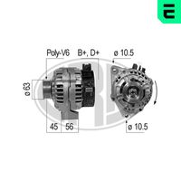 ERA 210216A - Tensión [V]: 14<br>Corriente de carga alternador [A]: 80<br>ID del modelo de conector: B+D+<br>poleas - Ø [mm]: 63<br>Poleas: con polea para correa poli V<br>Sentido de giro: Sentido de giro a la derecha (horario)<br>Cantidad de agujeros de fijación: 2<br>Número de canales: 6<br>Distancia de polea a alternador [mm]: 102<br>