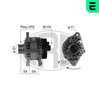 ERA 210236A - Tensión [V]: 14<br>Corriente de carga alternador [A]: 120<br>ID del modelo de conector: B+D+<br>poleas - Ø [mm]: 61<br>Poleas: con polea para correa poli V<br>Sentido de giro: Sentido de giro a la derecha (horario)<br>Cantidad de agujeros de fijación: 2<br>Número de canales: 6<br>Distancia de polea a alternador [mm]: 54<br>