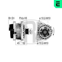 ERA 210239A - Tensión [V]: 14<br>Corriente de carga alternador [A]: 80<br>ID del modelo de conector: B+D+<br>poleas - Ø [mm]: 54<br>Poleas: con polea para correa poli V<br>Sentido de giro: Sentido de giro a la derecha (horario)<br>Cantidad de agujeros de fijación: 2<br>Número de canales: 6<br>Juego alternativo de reparación: 210205<br>Distancia de polea a alternador [mm]: 52<br>