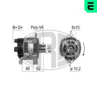 ERA 210271A - Tensión [V]: 14<br>Corriente de carga alternador [A]: 80<br>ID del modelo de conector: B+D+<br>poleas - Ø [mm]: 54<br>Poleas: con polea para correa poli V<br>Sentido de giro: Sentido de giro a la derecha (horario)<br>Cantidad de agujeros de fijación: 2<br>Número de canales: 6<br>Distancia de polea a alternador [mm]: 62<br>