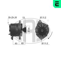 ERA 210299A - Tensión [V]: 28<br>Corriente de carga alternador [A]: 80<br>ID del modelo de conector: B+D+W+<br>poleas - Ø [mm]: 89<br>Sentido de giro: Sentido de giro a la derecha (horario)<br>Conexión / terminal/borne: B+/D+/W<br>Cantidad de agujeros de fijación: 2<br>Número de canales: 1<br>Correas: Sin correa del ventilador<br>Distancia de polea a alternador [mm]: 61<br>