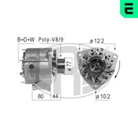 ERA 210303A - Tensión [V]: 28<br>Corriente de carga alternador [A]: 100<br>ID del modelo de conector: B+D+W<br>poleas - Ø [mm]: 77<br>Poleas: con polea para correa poli V<br>Sentido de giro: Sentido de giro a la derecha (horario)<br>Conexión / terminal/borne: B+/D+/W<br>Cantidad de agujeros de fijación: 3<br>Número de canales: 9<br>Distancia de polea a alternador [mm]: 124<br>