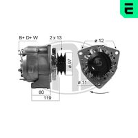 ERA 210306A - Tensión [V]: 28<br>Corriente de carga alternador [A]: 100<br>ID del modelo de conector: B+D+W<br>poleas - Ø [mm]: 77<br>Poleas: con polea para correa poli V<br>Sentido de giro: Sentido de giro a la derecha (horario)<br>Conexión / terminal/borne: B+/D+/W<br>Cantidad de agujeros de fijación: 3<br>Número de canales: 9<br>Distancia de polea a alternador [mm]: 124<br>