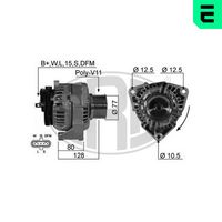 ERA 210329A - Tensión [V]: 28<br>Corriente de carga alternador [A]: 80<br>ID del modelo de conector: B+D+W<br>poleas - Ø [mm]: 77<br>Poleas: con polea para correa poli V<br>Sentido de giro: Sentido de giro a la derecha (horario)<br>Conexión / terminal/borne: B+/D+/W<br>Cantidad de agujeros de fijación: 2<br>Número de canales: 9<br>Distancia de polea a alternador [mm]: 44<br>